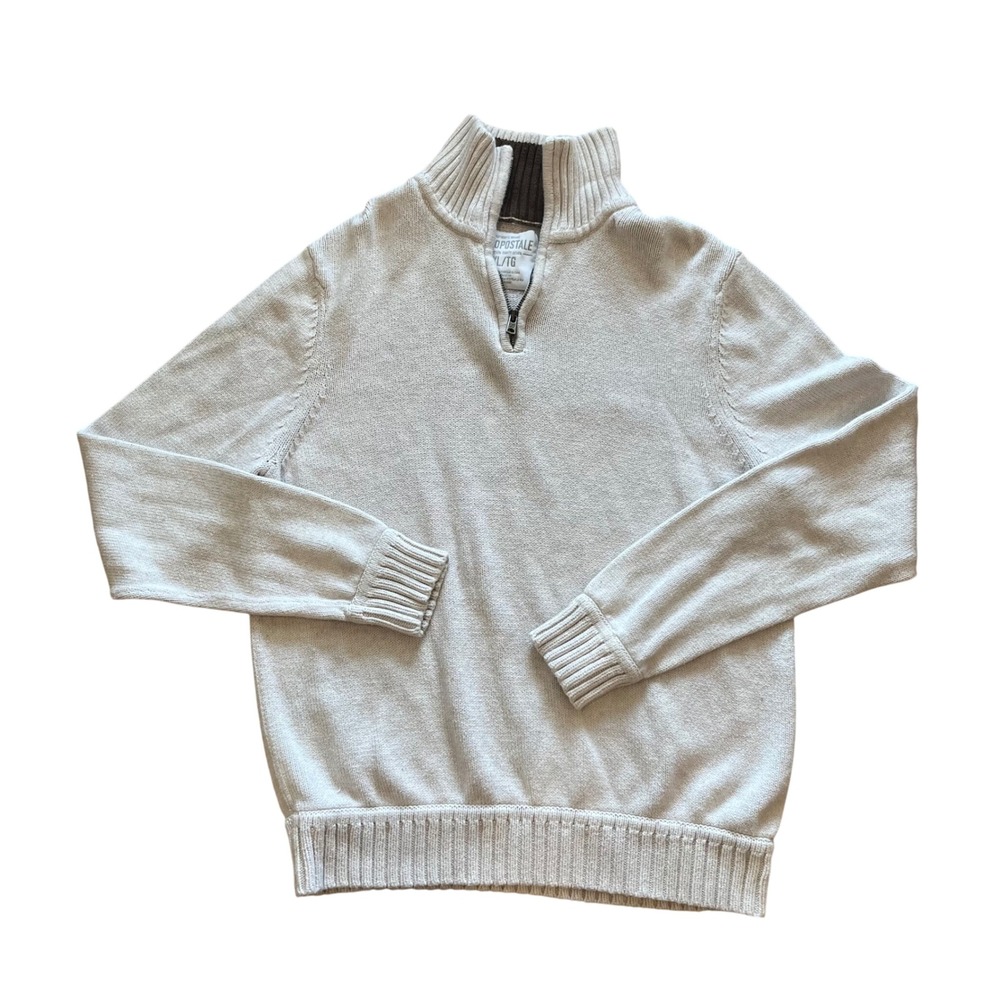 Aeropostale Mens XL Quarter Zip Sweater Oatmeal Beige Cotton Mock Neck Knit